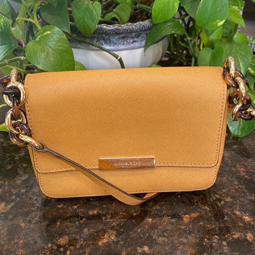 Michael Kors small Autumn gold leather with brown trim flap over shoulder bag